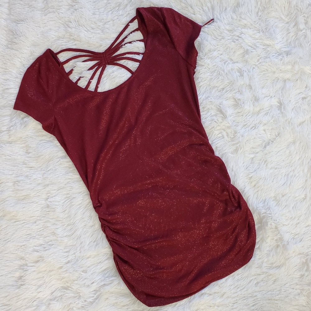 CANDIE'S BURGUNDY GOLDEN SHIMMER STRAPPY BACK TOP! - Picture 9 of 15
